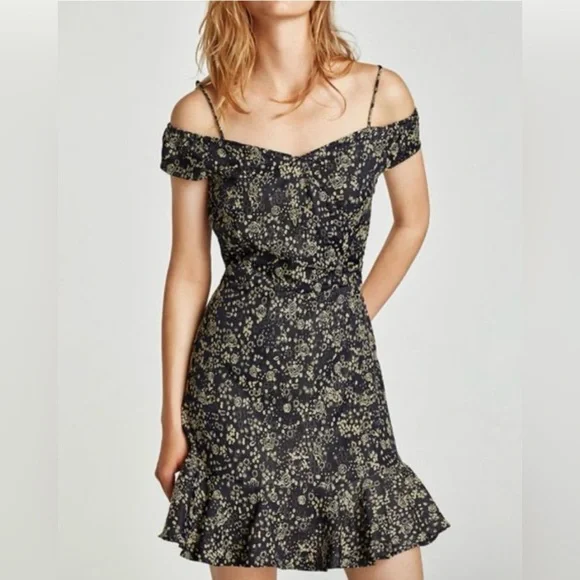 ZARA Vintage Black Floral Off Shoulder Dress Size small - Picture 1 of 6